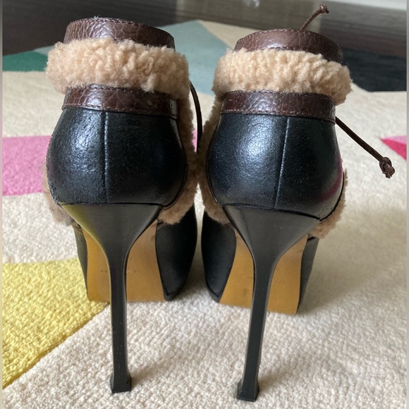 Yves Saint Laurent YSL Black Brown Shearling Trim Tribute Heel Bootie Ankle 36 - Picture 5 of 9